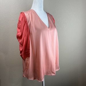 Emily McCarthy Top Extra Large Coral Apricot Satin Blouse Preppy Capsule